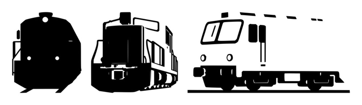 Rail freight train icon set with solid black illustration on a white background featuring freight, rail, transportation with line art and graphic design