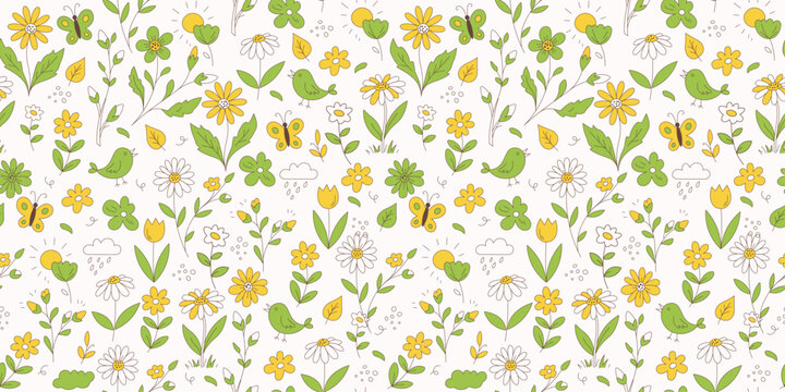 Springtime Nature Seamless Pattern in Minimalist Line Art Style