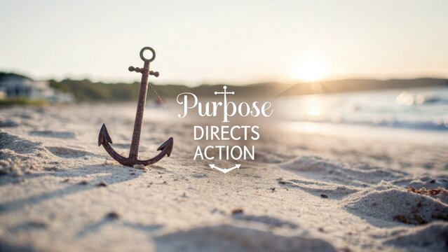 Anchor on the beach with inspiring quote about purpose and action at sunset, calm waves and sandy shore
