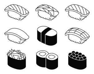 A Collection of Stylized Sushi Icons in Black and White © Rashedul