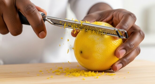 Fresh Lemon Zest Grated Using Zester in Hand