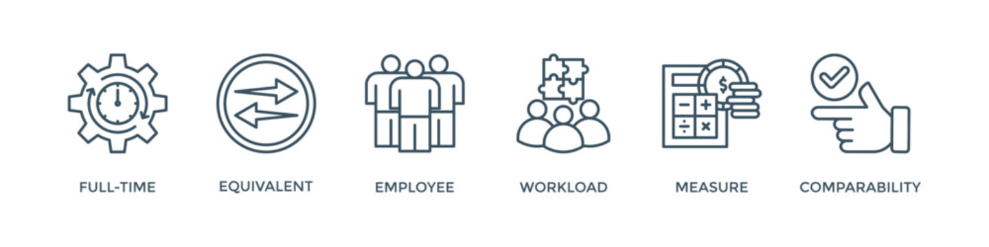 Fte banner web icon vector illustration concept of full time equivalent with icon of full-time, equivalent, employee, workload, measure and comparability