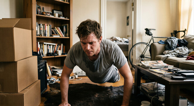Man doing push ups at home as realistic fitness routine and home workout concept
