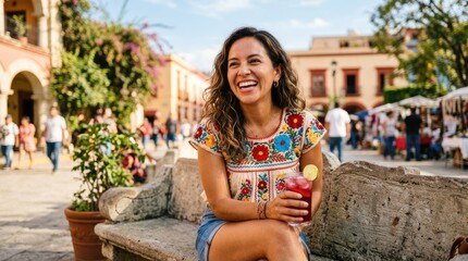 A smiling woman sits on a stone bench in a vibrant Mexican town square.
