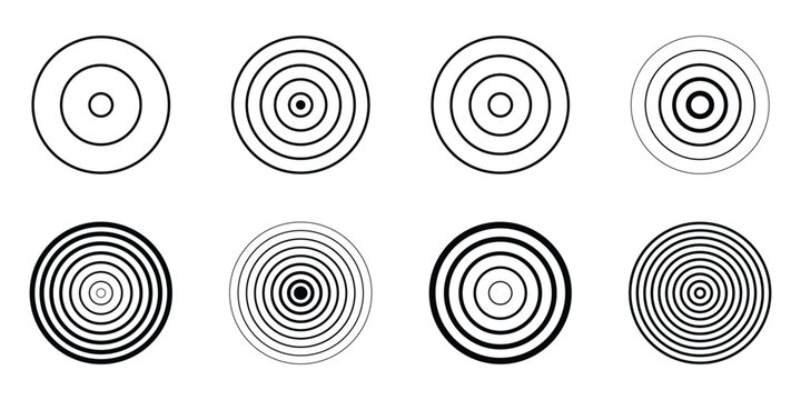 Set of different concentric circles icon. Epicenter, target, radar, sonar icon concept. Vector halftone radial radio signal or vibration element pack. eps 10