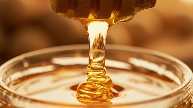 Close-up of thick golden organic honey dripping from a wooden dipper into a glass jar with warm backlight and a soft blurred background.