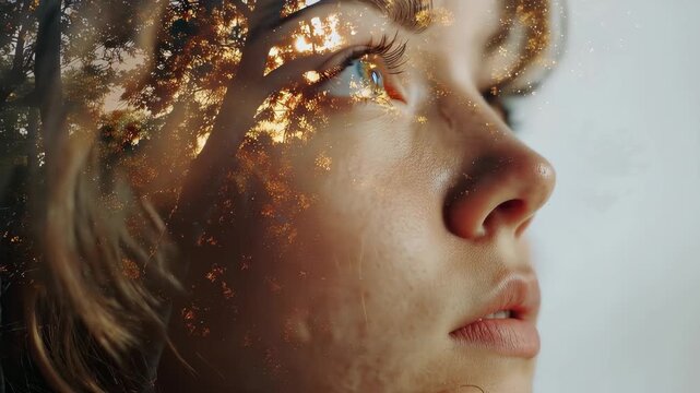 Dreamy double exposure portrait featuring a young woman with a serene expression illuminated by soft, natural light, showcasing elements of nature in a captivating, artistic way