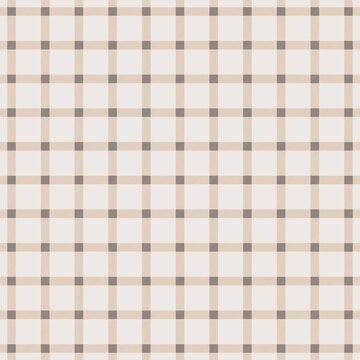 Seamless neutral beige and grey plaid gingham vector pattern with woven texture for textile, minimalist apparel, and background design.