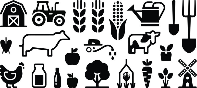 Farm icons, agriculture symbols, rural vector graphics, black and white illustrations