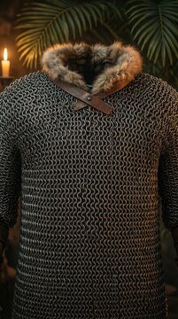 Medieval chainmail tunic with fur collar and leather straps