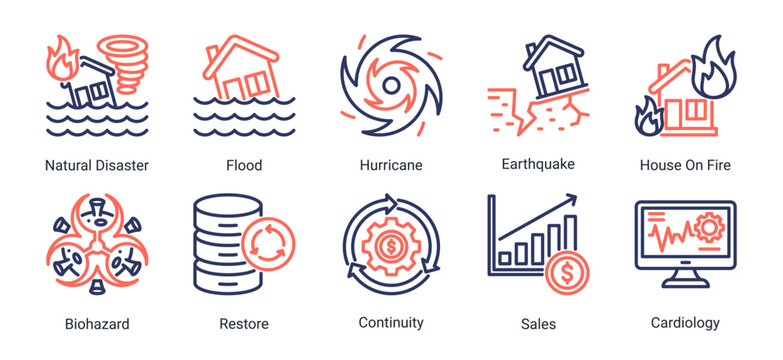 Disaster and recovery icon set including natural hazards,emergency events,and restoration concepts.Ideal for disaster management and emergency response visuals.