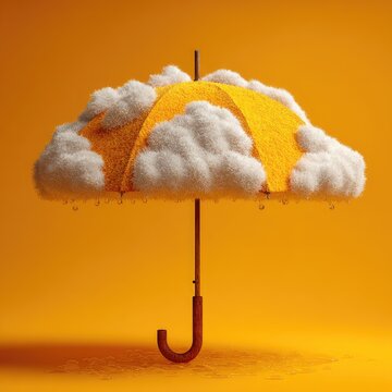 Surreal Umbrella Made of Fluffy White Clouds and Orange Texture on Yellow Background