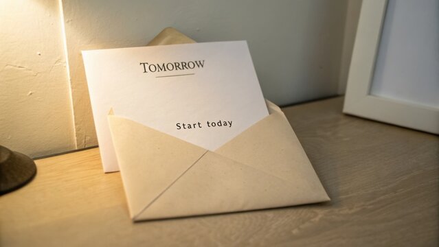 Inspirational message in envelope on desk with warm light reminding to take action today for a brighter tomorrow