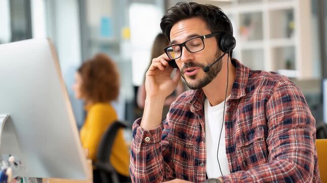 Customer service executive assisting clients at a modern office during a busy workday while wearing a headset and smiling