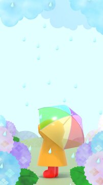 傘をさす子供と雨模様の紫陽花の3DCG縦長風景　ループ動画
