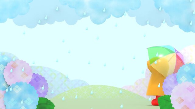 傘をさす子供と雨模様の紫陽花の3DCG風景　ループ動画