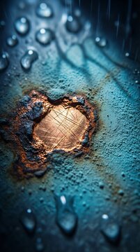 Macro shot of rainy oxidized copper surface with water droplets