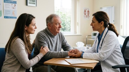 Obraz premium A doctor discusses a medical matter with an elderly man and his daughter in a clinical setting.