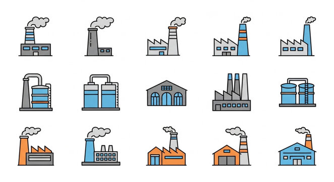 Collection of Industrial Factory Buildings with Smoke Stacks.
