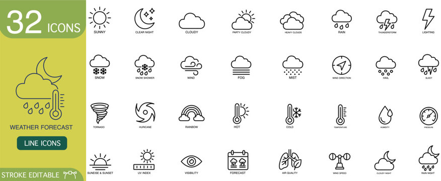 Weather forecast icon line outline editable stroke interface web collection of meteorology symbol for mobile website dashboard and design, clean monochrome style