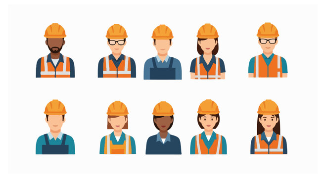 Ten diverse construction worker avatars wearing orange safety vests and yellow hard hats are arranged in two horizontal rows on white.