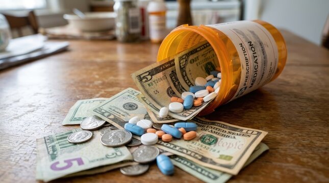 A prescription bottle spills money and coins onto a wooden table. The bottle contains various pills.