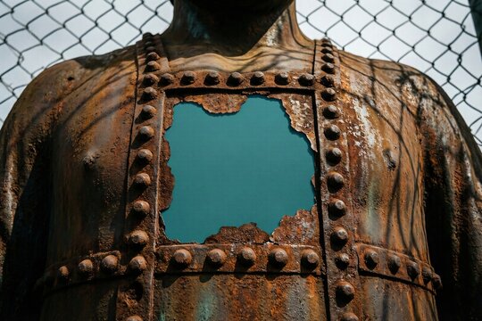 Rusty Metal Sculpture Torso with Rivets and Teal Inset Background
