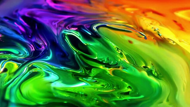 Vibrant rainbow colors swirl and blend in a mesmerizing abstract fluid art pattern, creating a dynamic visual experience