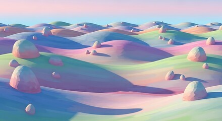 Fototapeta premium Pastel-colored rolling hills with rounded, light-colored formations under a soft blue sky