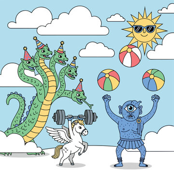 A whimsical scene with a green dragon, winged horse, and blue creature