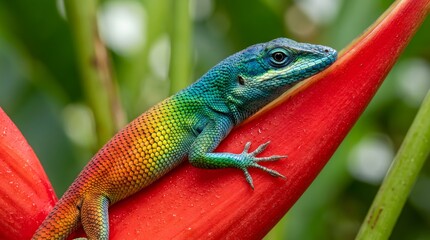 Fototapeta premium Vibrant Rainbow Lizard Perched on Tropical Red Heliconia Flower