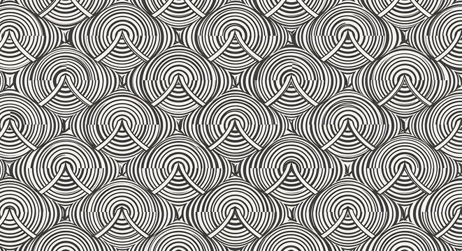 Seamless black and white abstract pattern of interlocking circular scales with intricate line work creating a hypnotic geometric background.