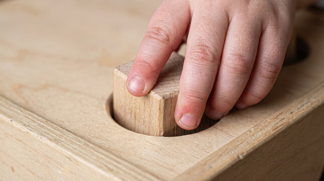Child Hand Trying to Fit Square Wooden Block into Round Hole Concept of Difficulty