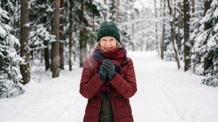 Fototapeta premium An elderly woman smiles warmly in a snowy forest. She is bundled in a red coat, a dark scarf, and gray gloves.