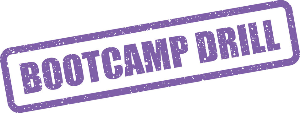 Aged stamp representation showing the words Bootcamp Drill, suitable for training exercises or practice activities