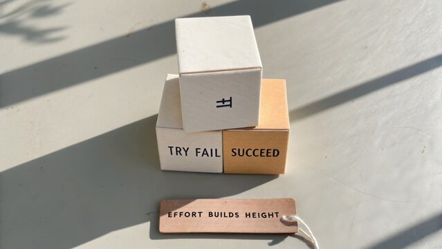 Inspiring motivational blocks with text try fail succeed and effort builds height on a light surface
