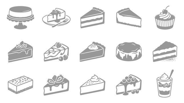 A collection of various dessert illustrations, including cakes, cupcakes, and parfaits, presented in a monochromatic grey scale.