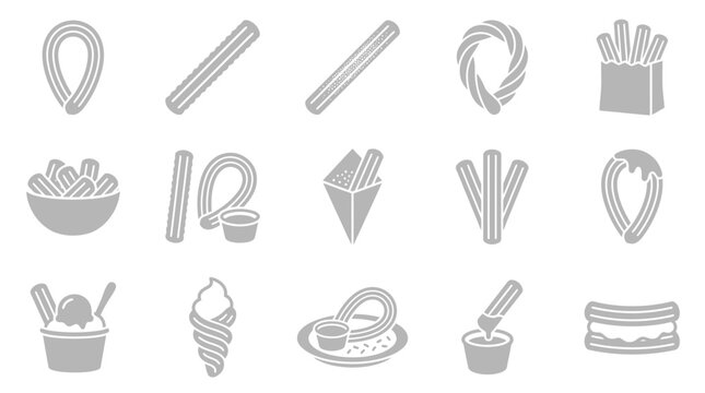 Collection of stylized icons representing various churro preparations and desserts, including classic shapes, filled churros, and ice cream pairings.