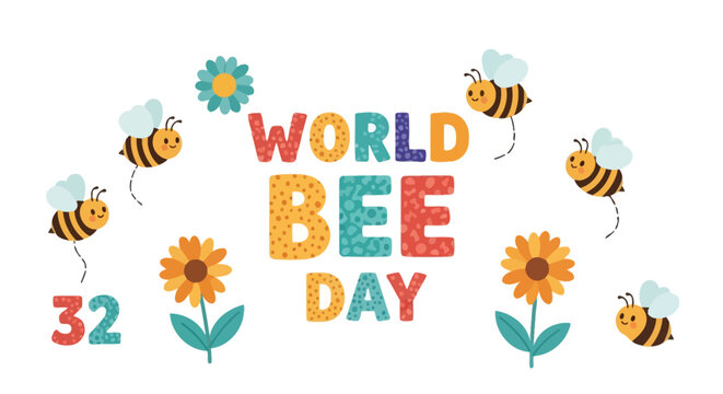 World Bee Day celebration with colorful bees flying around flowers and the number 32