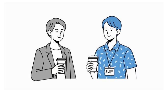 Two male characters stand together with coffee cups including one man in a grey suit jacket and another in a blue patterned shirt with an ID card.