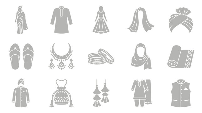 Collection of Indian traditional clothing and accessories for men and women, including attire, jewelry, and headwear.