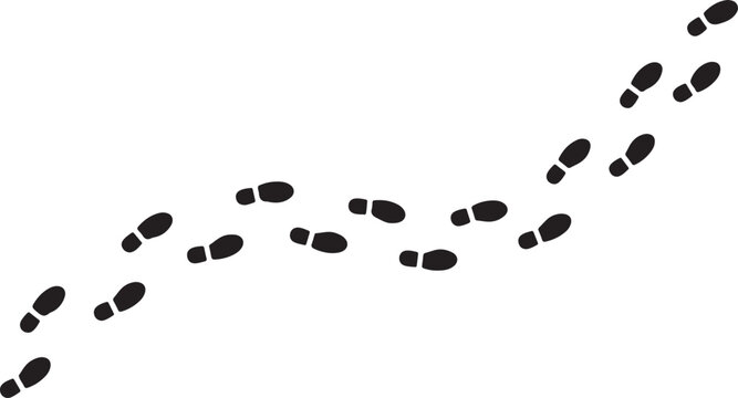 Black footprints forming a diagonal line on a white background in a vector graphic illustration