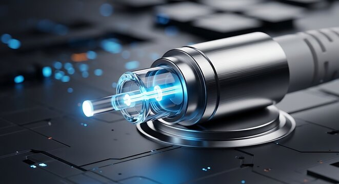 Fiber optic cable connector with glowing light connector communication internet close-up technology
