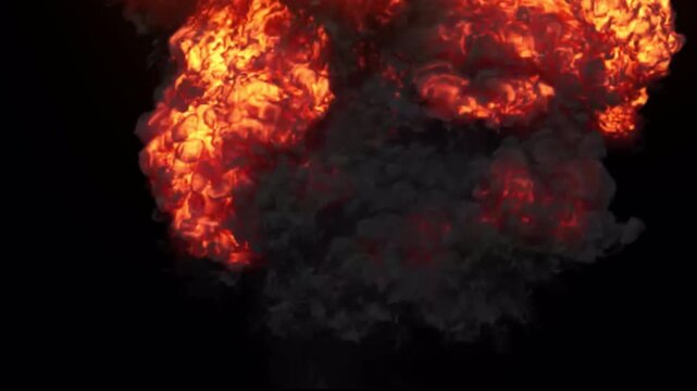 Wide Multi Fireball Explosion with Bright Flames on Black Background, Large Clustered Blast Effect for Cinematic VFX Compositing