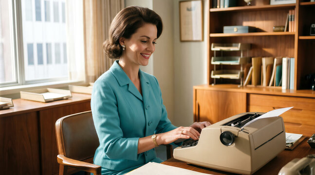 A smiling elegant secretary wearing a turquoise vintage suit types on a classic typewriter in a mid-century executive cabinet, capturing the professional atmosphere of the 1960s era.