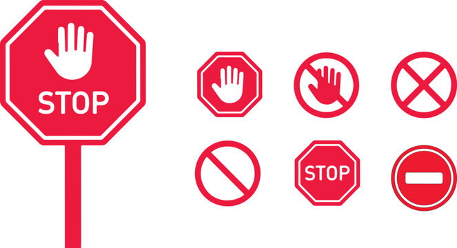 Vector graphic illustration of various stop signs and prohibition symbols in red color