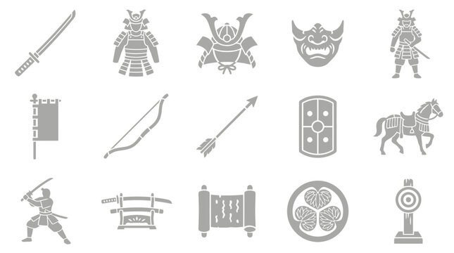 Collection of stylized Japanese samurai warrior icons and symbols, including swords, armor, helmets, masks, flags, bows, arrows, shields, horses, scrolls, and crests.