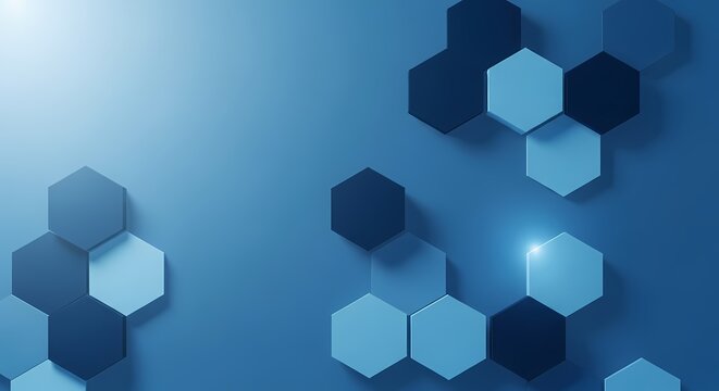 Abstract blue hexagonal shapes forming a modern geometric pattern with light reflections.