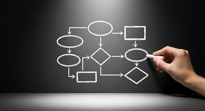 Hand drawing a flowchart on a blackboard, representing planning and process management