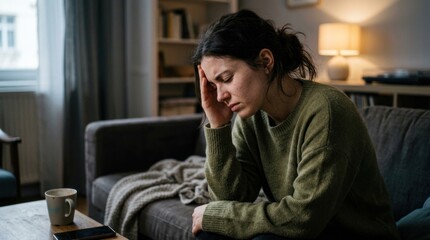 Obraz premium A woman sits on a couch, holding her head in her hand with a distressed expression. She wears a green sweater and looks sad.